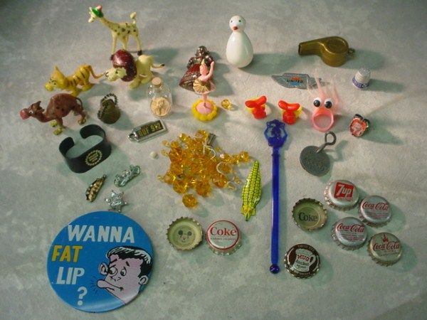 Vintage Lot Toy Rings Coke Bottlecaps La Dog License Tag Hoover