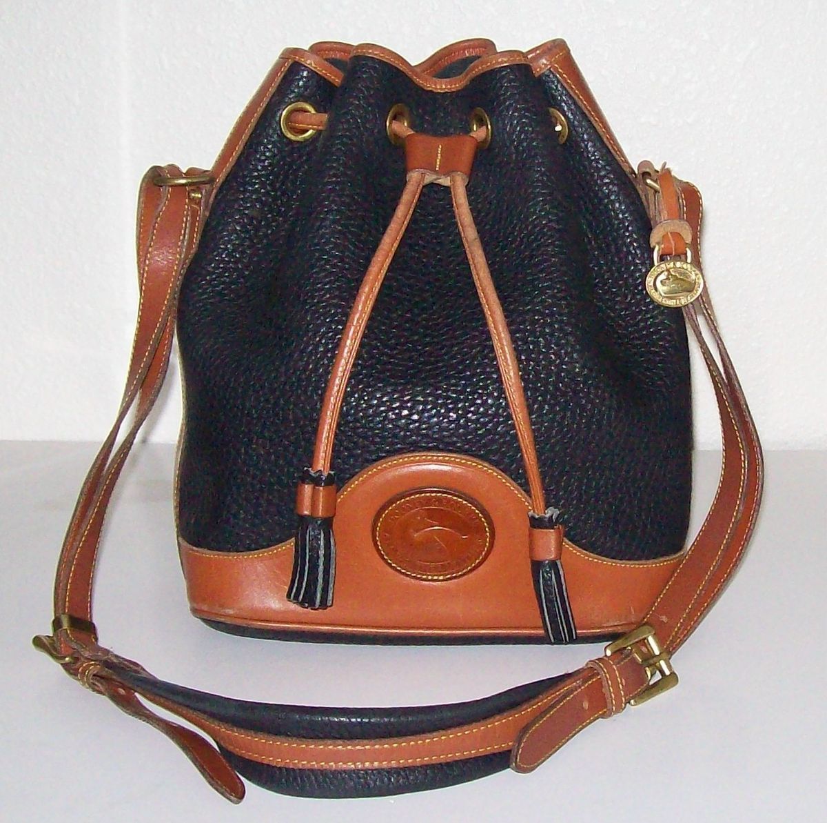 Dooney Bourke Black Pebble Brown Leather Drawstring Bucket Bag Purse