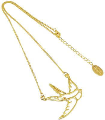 Gold Sparrow Flying Bird Dove Flat Outline Necklace