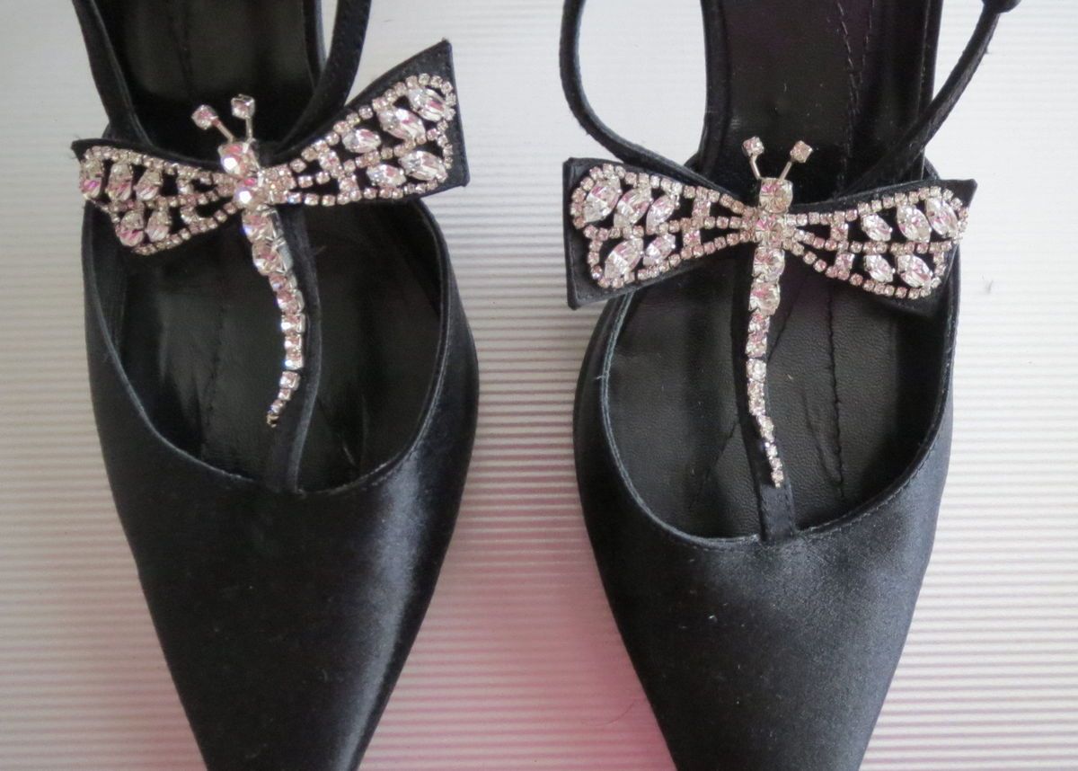 RARE Kate Spade Black Satin Pump Crystal Dragonfly 37 5 7 5