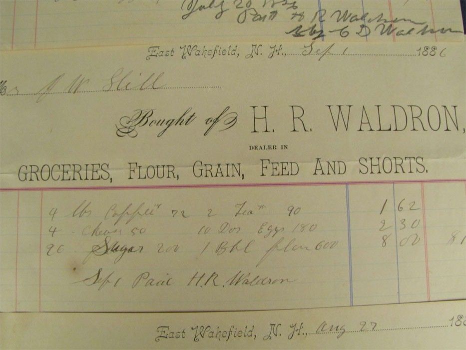 Grocery Receipts H R Waldron East Wakefield NH 1886