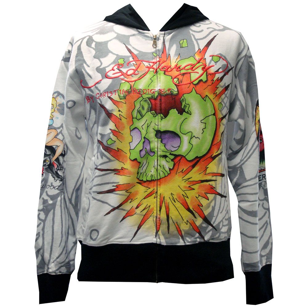 Ed Hardy White Mens Exploding Skull Hoodie Jacket White