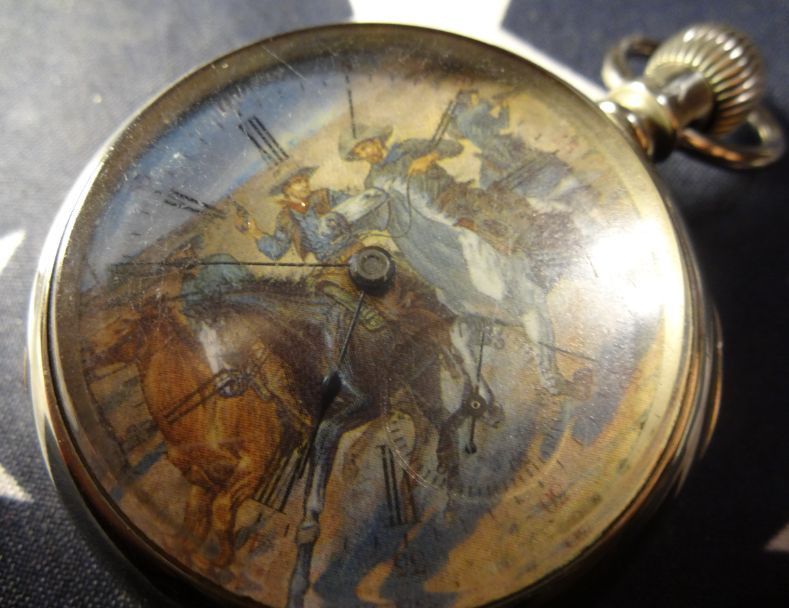 RARE 18s Ehrhardt Waltham Pocket Watch with Horses Bandito Guns