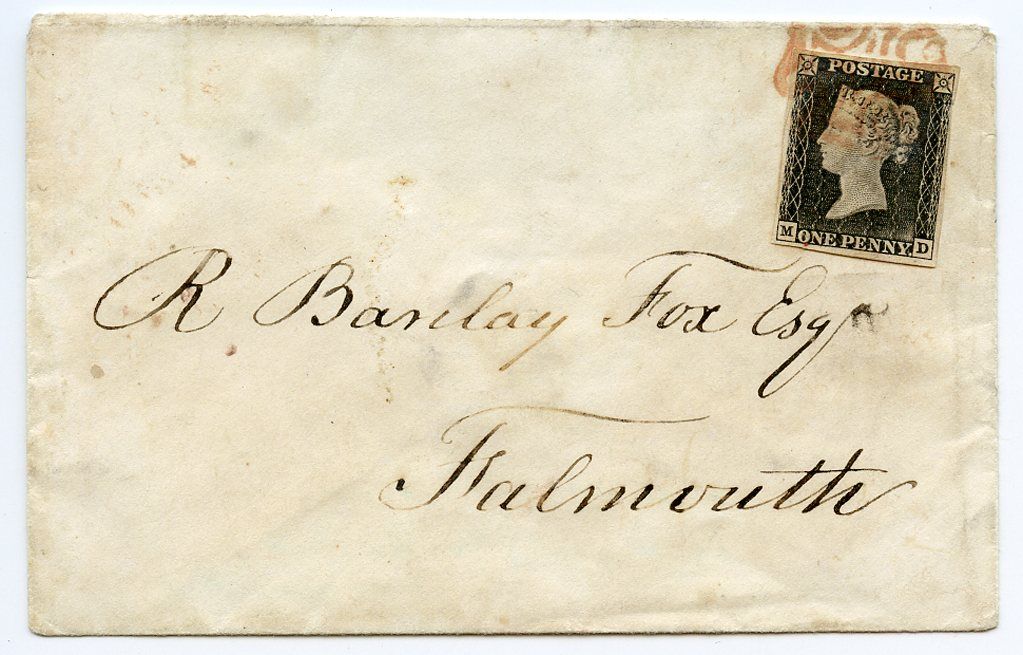  1d black Plate 1a MD on cover to Falmouth red MX PLYMOUTH PENNY POST