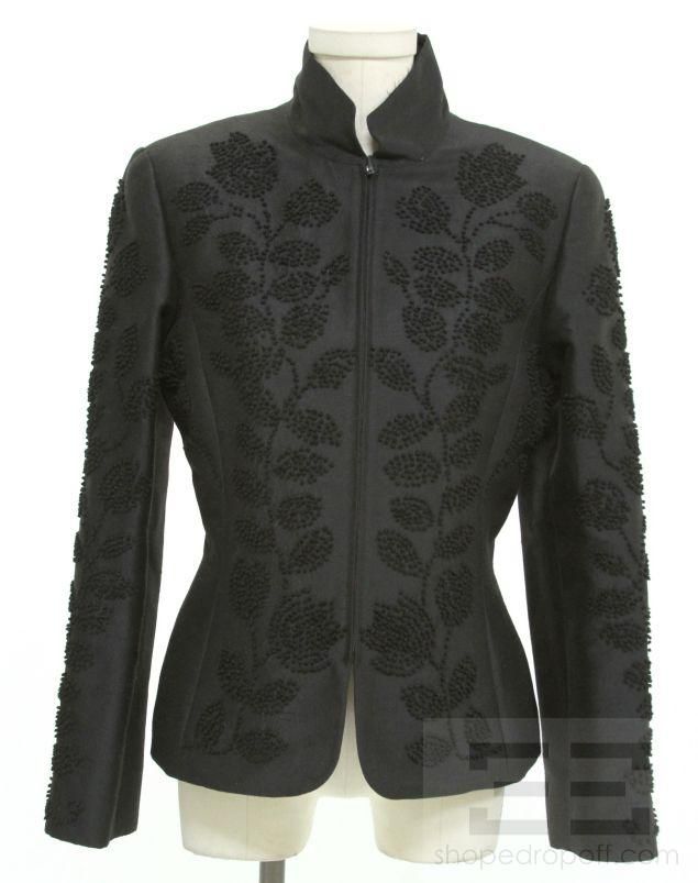 Linda Allard Ellen Tracy Black Silk Knotted Trim Zip Jacket Size 8