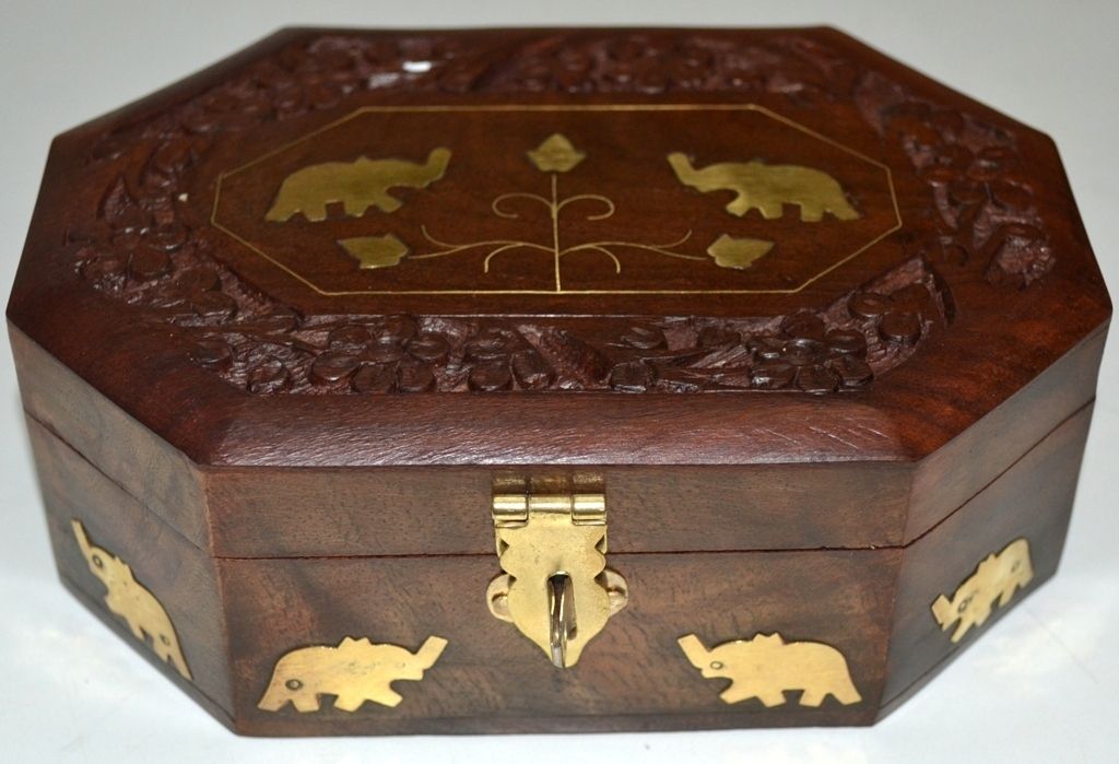  Carved Wood Wooden Jewelry Box w Elephant Brass Inlay India Art
