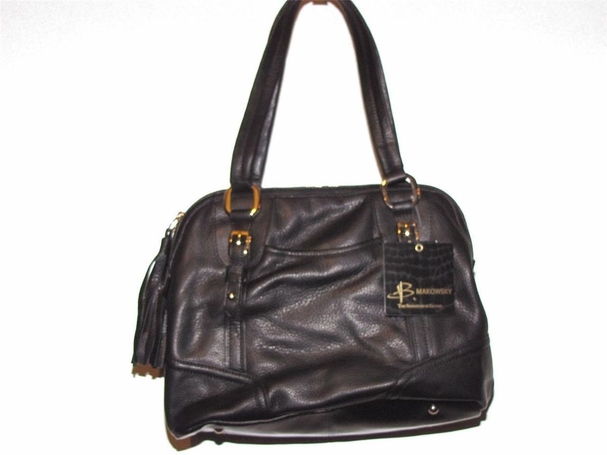 Makowsky Glove Leather Zip Top Satchel with Capped Corners