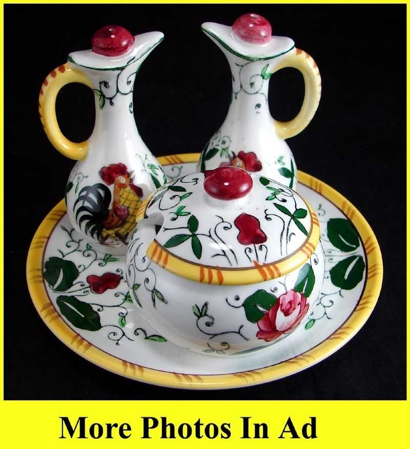 Vintage Ucago PY Early Provincial Rooster Roses 5 Pc Condiment Set