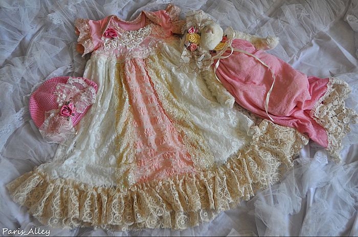 Rose Bud French Lace Christening Dress Teddy Bear Hat 4 Reborn Baby