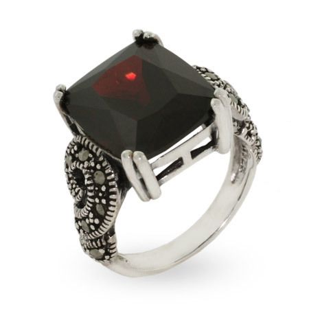 Emerald Cut Garnet CZ Silver Marcasite Ring Size 7