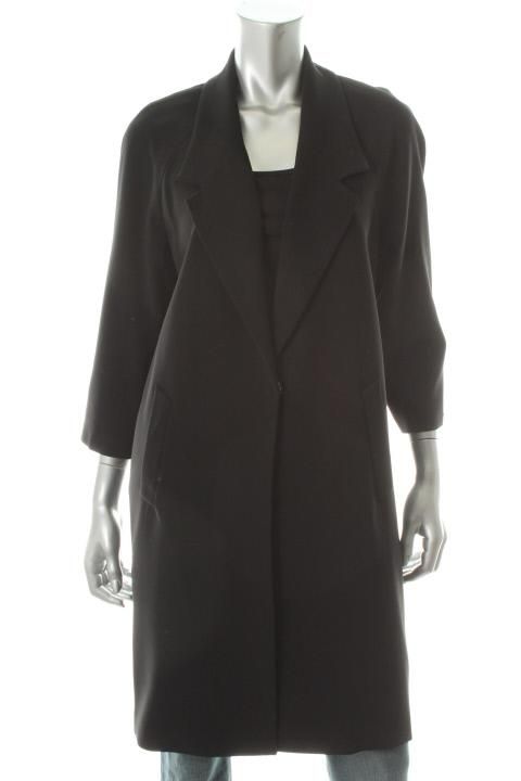 Elie Tahari New Samantha Black Notch Collar 1 Snap Lined Long Coat