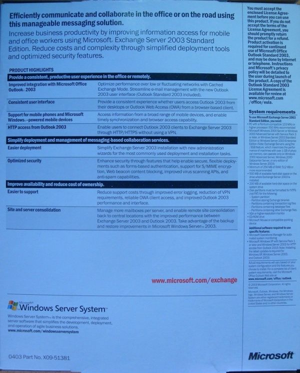 Microsoft Exchange Email Server 2003 Standard Edition 312 02613