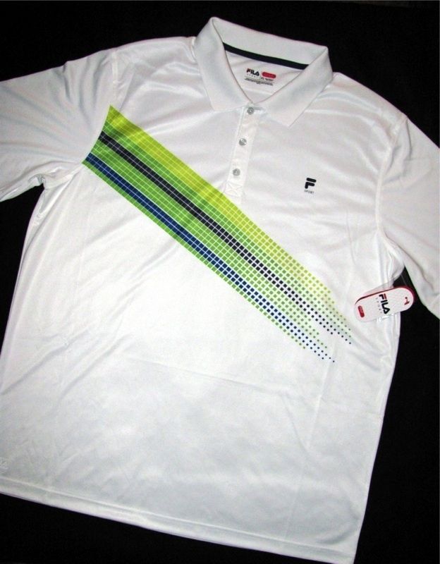 Fila Sport Golf Polo Shirt $50 Tennis Logo White Blue Grn Wicking New