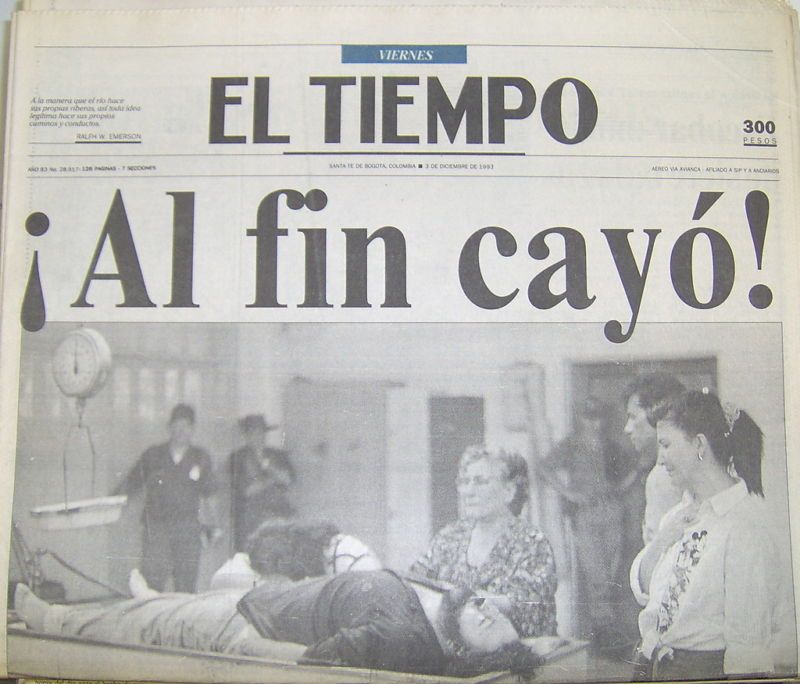 Pablo Escobar Death Annoncement Newspaper Authentic