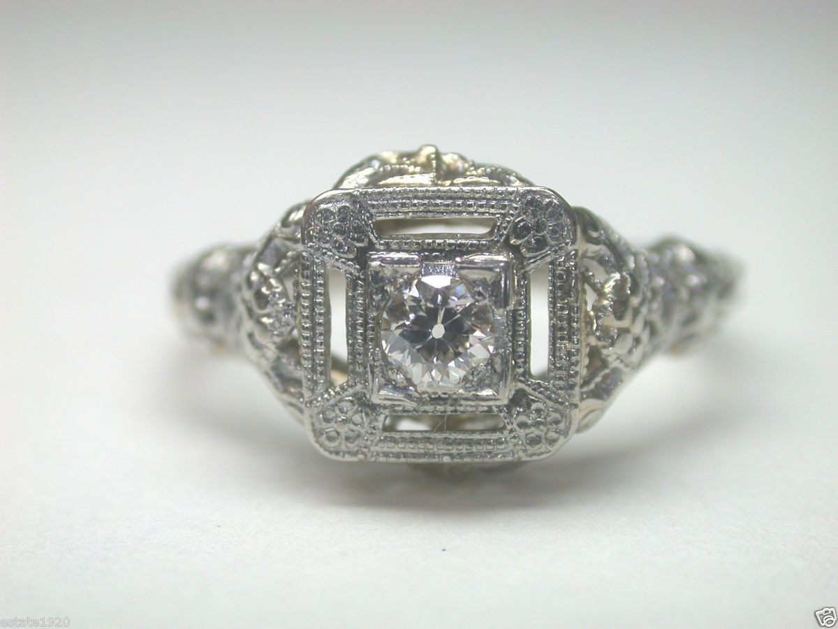 Antique Art Deco Diamond Engagement Ring Vintage Filigree Estate 18K
