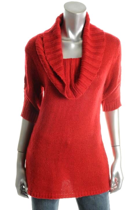 NY Collection New Red Elbow Sleeve Cowl Neck Tunic Pullover Sweater L