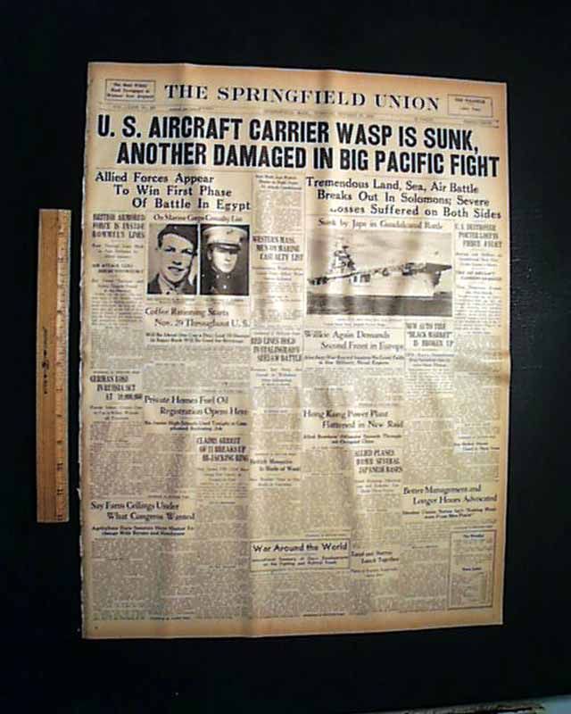 USS Wasp Carrier Guadalcanal Sinks 1942 WWII Newspaper