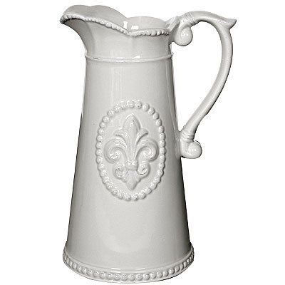 Lot of 2 Ceramic Fleur de Lis Pitcher White 9 5 67120