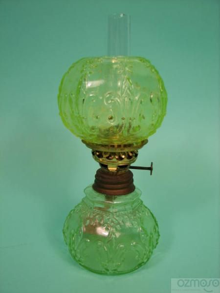  Antique Miniature Vaseline Glass Oil Lamp wMatching Shade Fleur de Lis