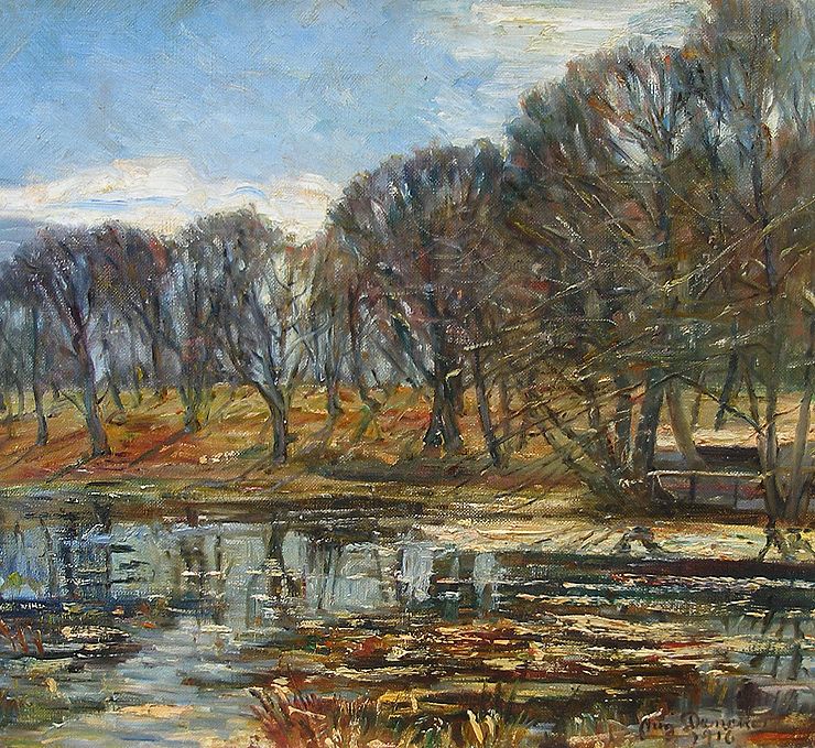  Warm autumn day by forest lake. Dated 1916. Brilliant lights