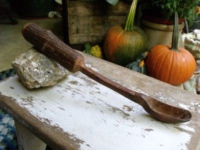 Early Primitive Antique 1800s Carved Tree Branch Wood Spoon Signed L M