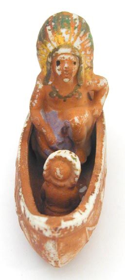 Old Porcelain Figurine Canoe w Indian Chief & Boy Redware Color Glaze