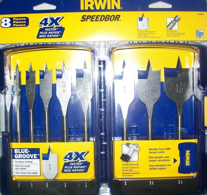 New Irwin 8 PC Speedbor Blue Groove Pro Spade Bit Set