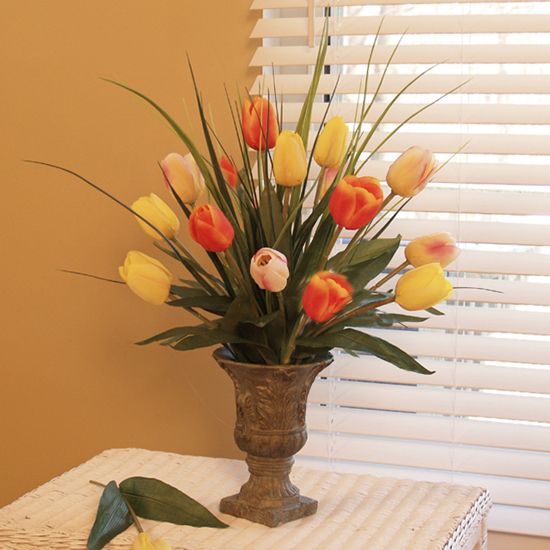 Silk Flower Arrangement Fresh Cut Look Tulips Grass