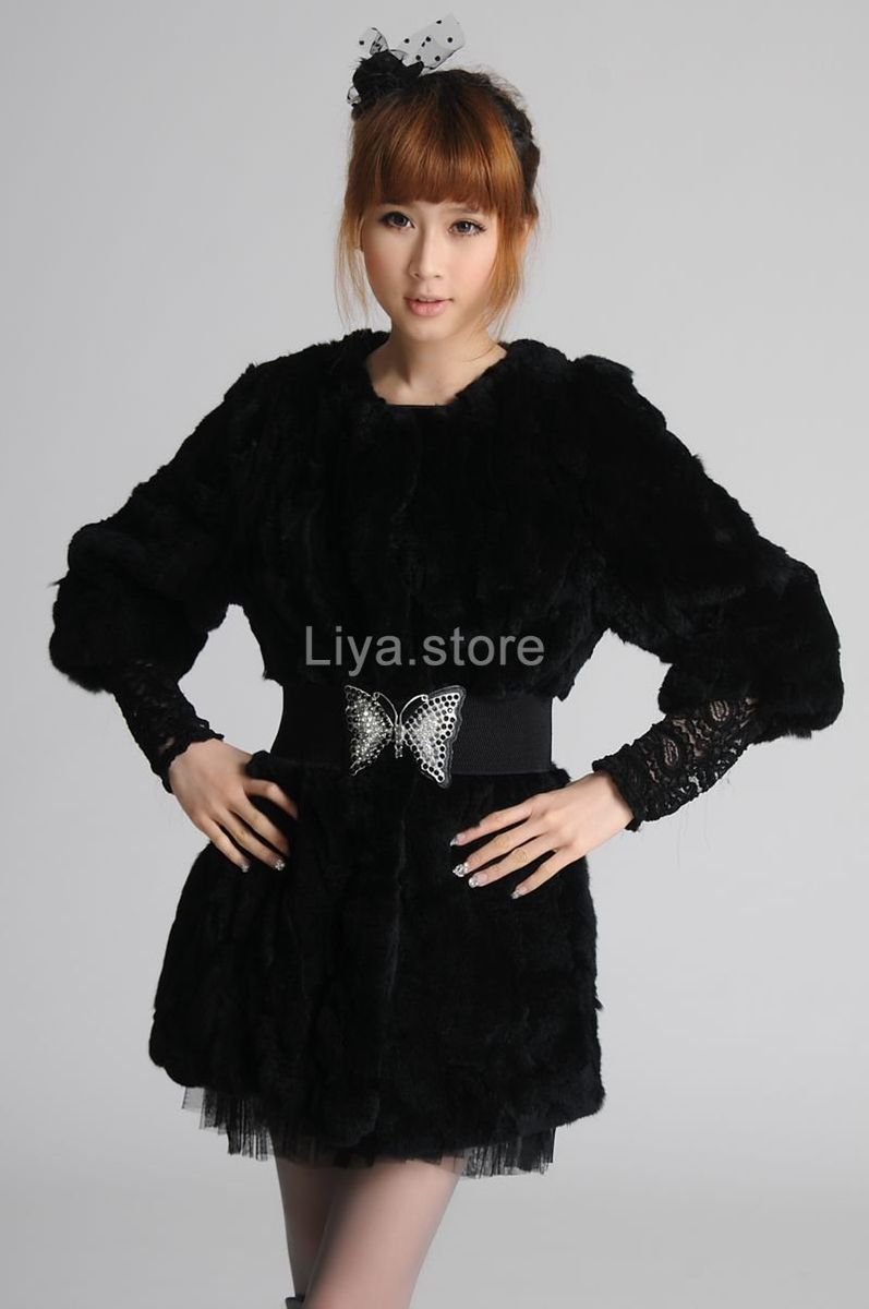 New Womens Ladys Black Real Rex Rabbit Fur Winter Long Warm Coat