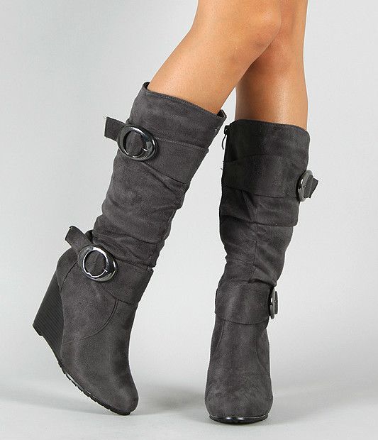  Wedge Tall Knee High Buckle Boots High Heel Fux Suede Slouch NEW Shoes