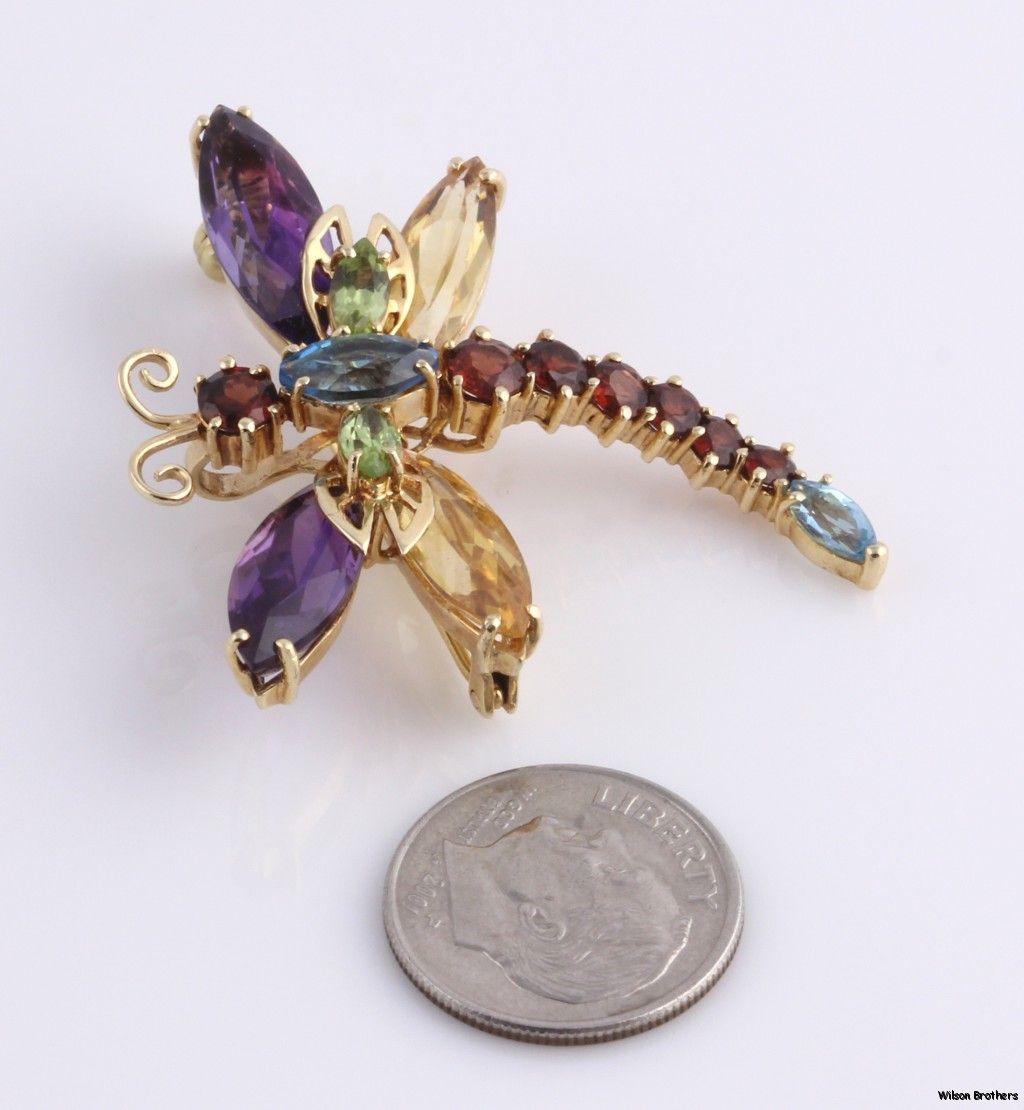 12.28ctw Gemstone Dragonfly Brooch Pendant   14k Yellow Gold Insect