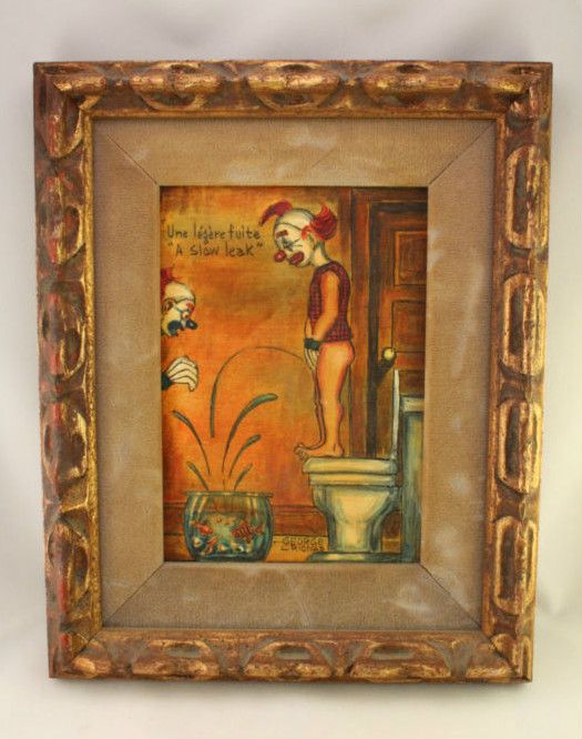 Signed George Crionas Original Oil Painting A SLOW LEAK Clown Pees in