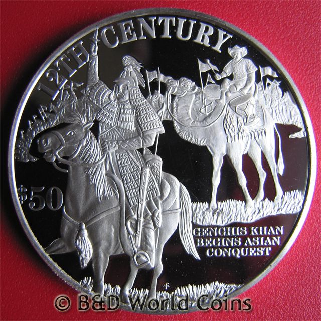  Islands 1997 $50 95oz Silver Genghis Khan Asian Conquest RARE