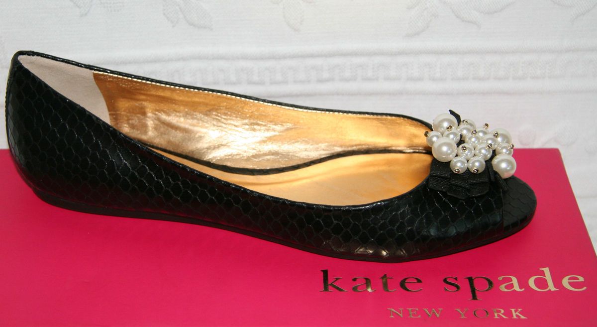 New $225 Kate Spade NY Ollie 8 M Black Shiny Snake Print Leather Flats