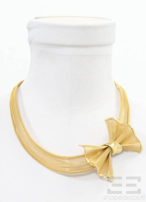 Givenchy Vintage 2pc Gold Tone Mesh Bow Necklace & Jeweled Clip On