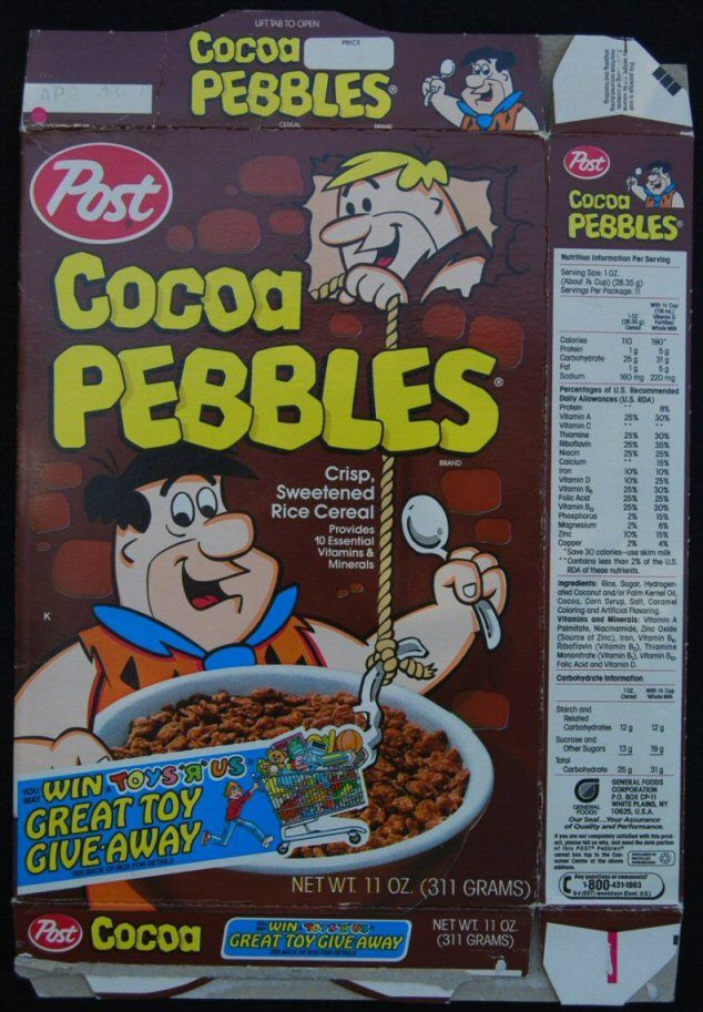  1986 COCOA PEBBLES Cereal Box w/ TOYS R US Promo & Geoffrey Giraffe