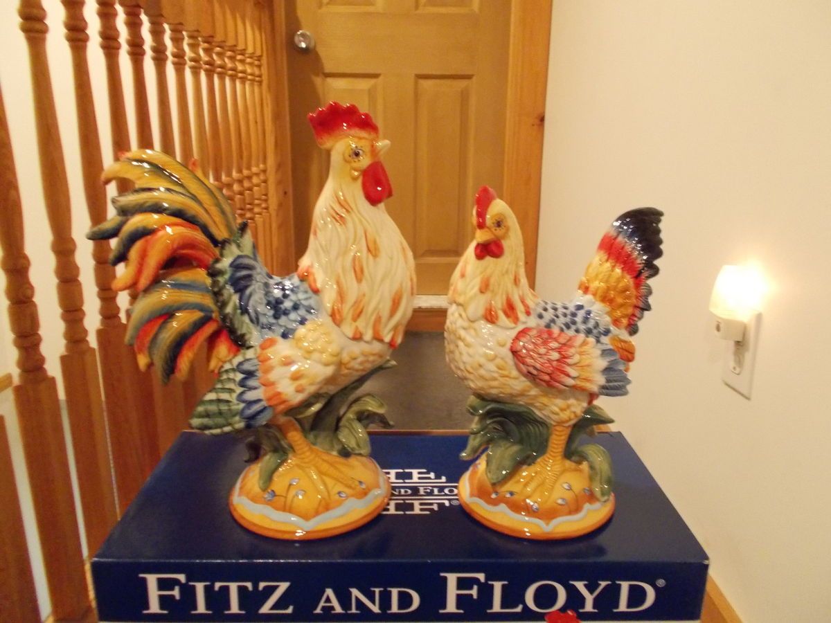 Fitz Floyd Rooster and Hen Figurines Large
