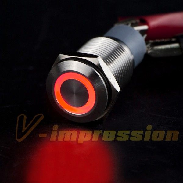 16mm Red Neon Glow LED Ultra Flush Push Start Ring Switch Button Boat