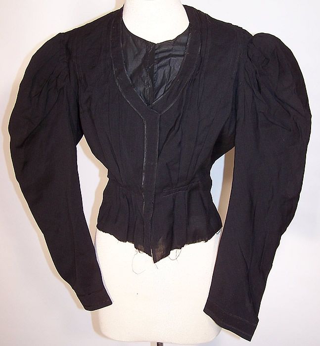  Victorian Mourning Black Wool Gigot Leg of Mutton Sleeve Bodice Blouse