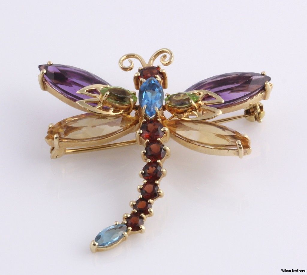 12.28ctw Gemstone Dragonfly Brooch Pendant   14k Yellow Gold Insect