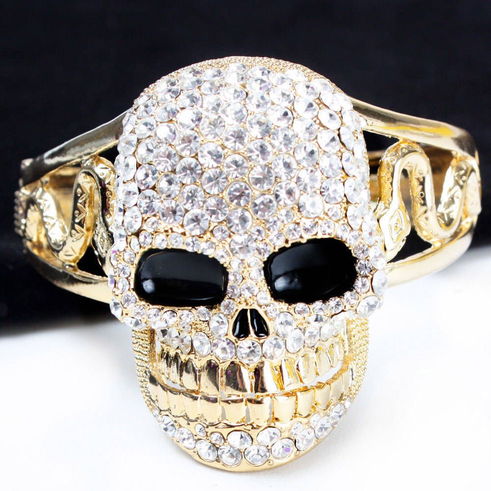 Gold Punk Rhinestone Skull Head Goth Snake Women Bracelet Bangle Cuff