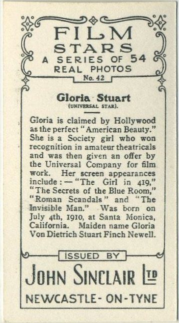 GLORIA STUART 1934 John Sinclair Film Stars Tobacco Card   From Rarer