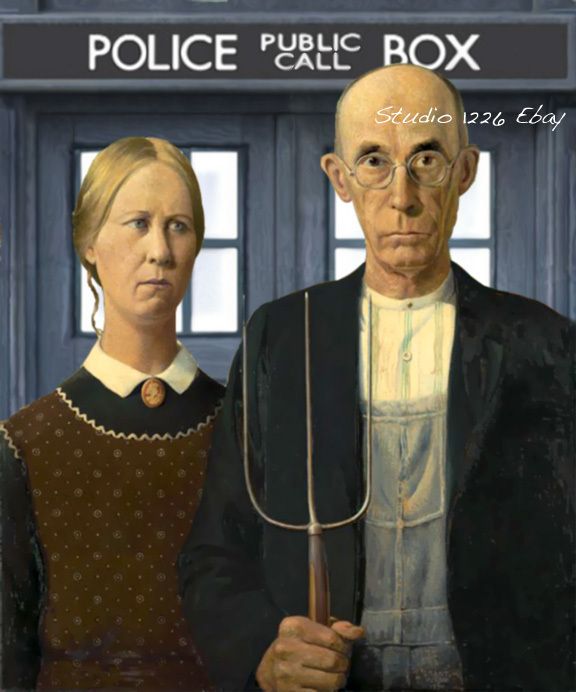 Doctor Who TARDIS Print Grant Wood AMERICAN GOTHIC Parody Dalek