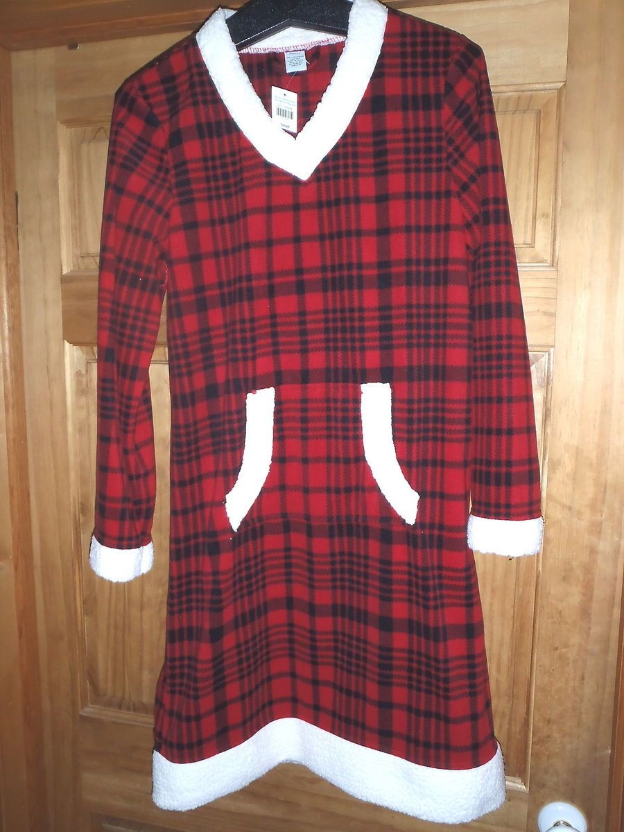 Womens Buffalo Plaid Sherpa Trim Sleep Shirt Small