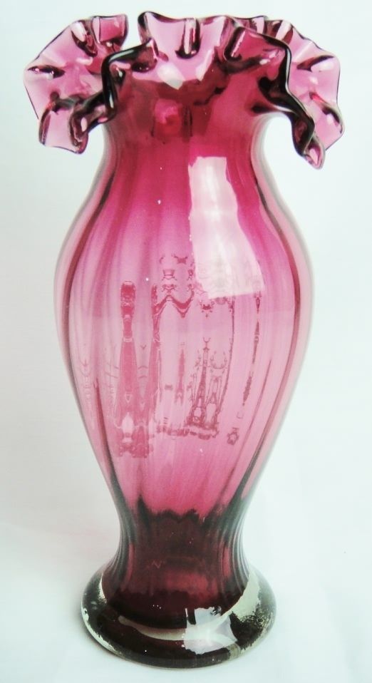 Cranberry Glass Mary Gregory Hand Blown Ruffle Tall Vase Lady Touching