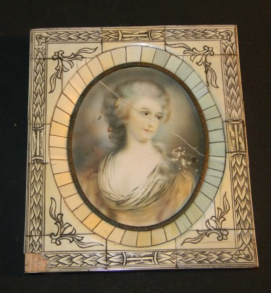  1830 European Portrait Painting on Porcelain w Carved Bone Frame Greve