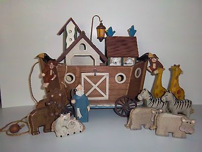 WOODEN NOAHS ARK ON WHEELS w/pull string ~ LANTERN, HAND CARVED