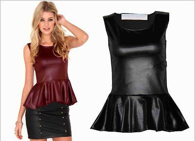 NEW WOMENS LADIES MINI SKATER WET LOOK PEPLUM FAUX LEATHER PVC SHIFT