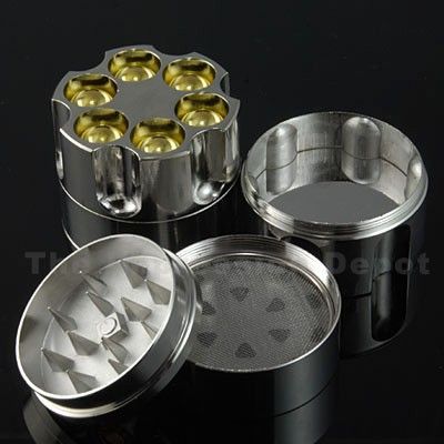 Silver Tone Large Bullet Revolver Metal Herb Grinder