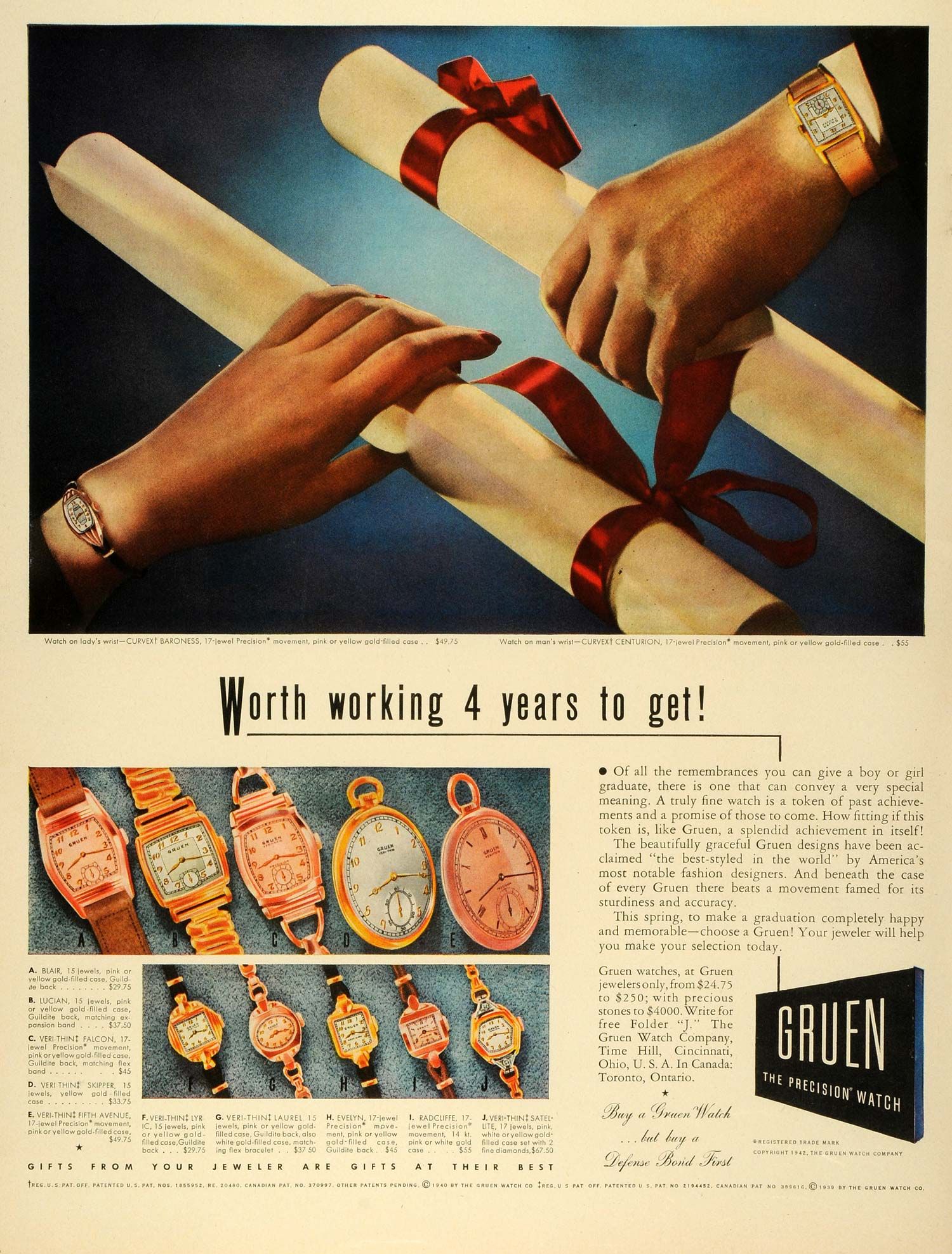 1942 Ad Gruen Precision Watch Graduation Gift Diploma Blair Lucian